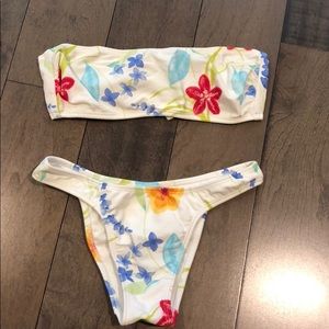 White Floral Brazilian Bandeau Bikini